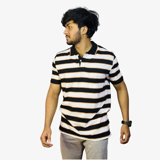 Men's Black White Orange Striped Polo T-Shirt | Premium Cotton Regular Fit